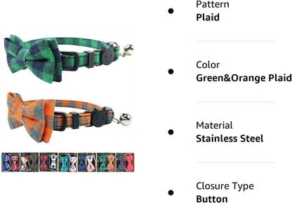 Cat Collar Breakaway with Bell and Bow Tie, Plaid Design Adjustable Safety Kitty Kitten Collars Set of 2 PCS (6.8-10.8In) (Green&Orange Plaid)